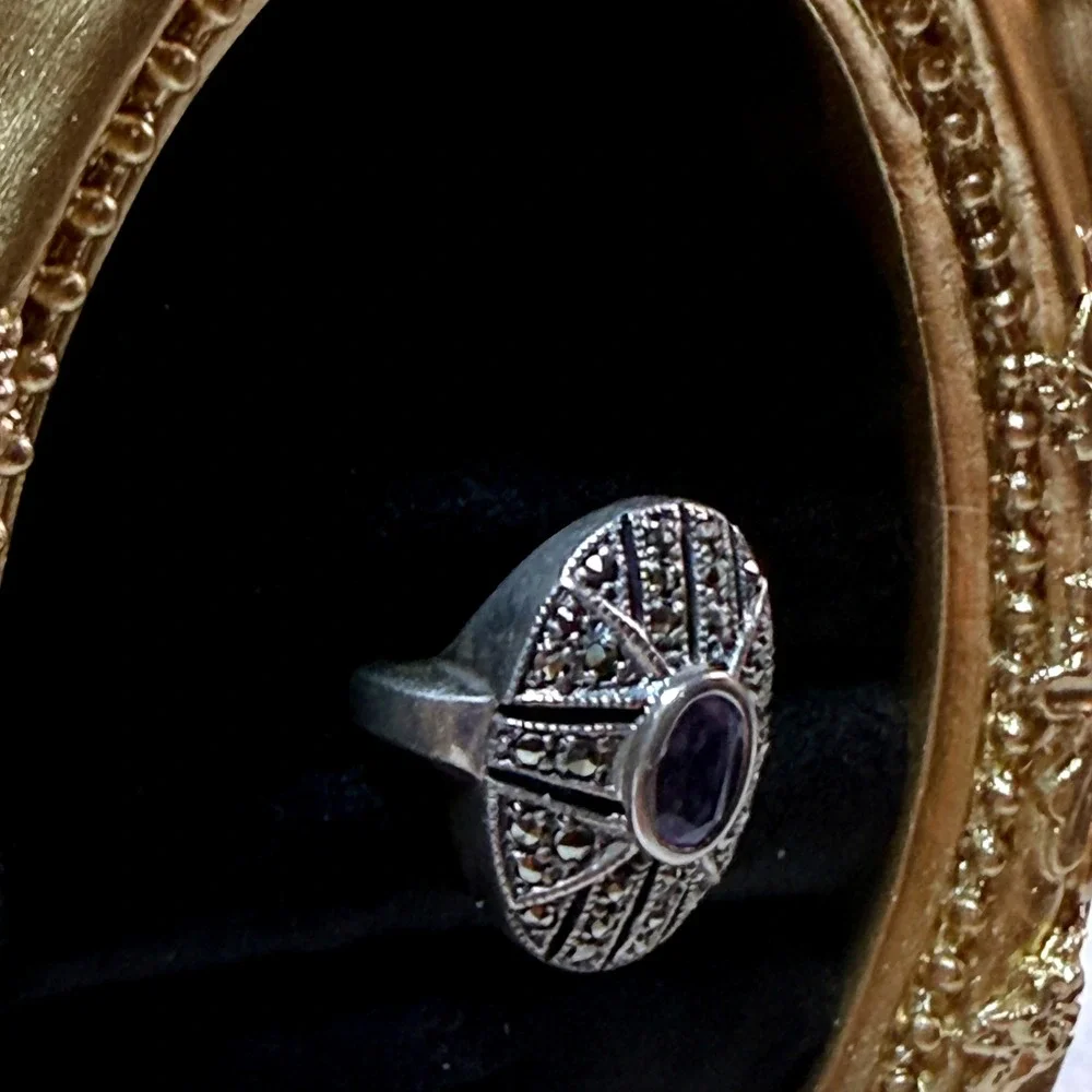 Amethyst Ring Sterling Silver Marcasite Womens 5.75 Art Deco‎ Vintage